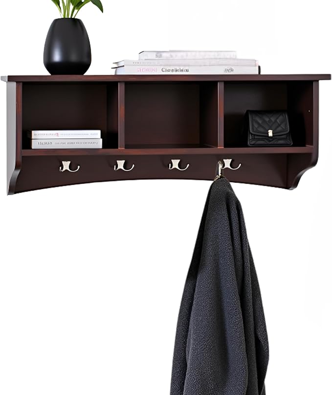 Shaker Cottage Wall-Mounted Coat Rack with 3 Storage Cubbies and 4 Hooks – Space-Saving Storage Rack and Wall Shelf Organizer