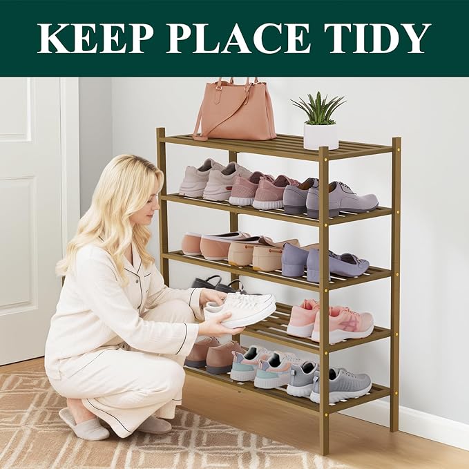Smiry Bamboo Shoe Rack 5-Tier, Stackable Wooden Shoe Organizer for Entryway & Closet, Free Standing Wood Shoe Storage Shelf f