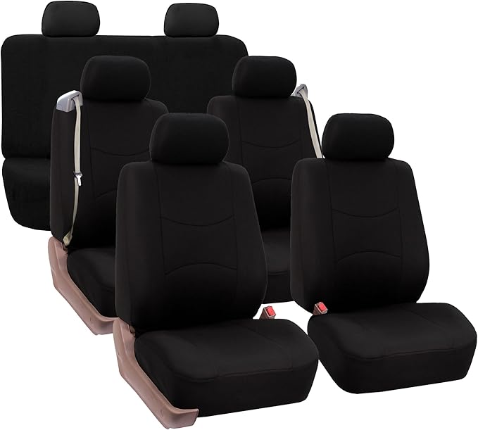 FH Group Three Row Full Set - 7 Seater All Purpose Flat Cloth Built-in Seat Belt Car Seat Cover- Universal Fit for Cars Truck