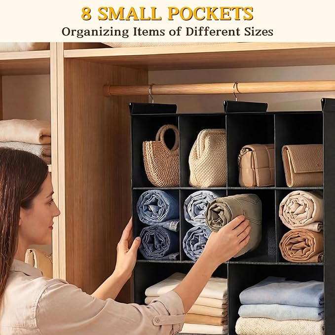 Ofiray-home 3 Tier Hanging Closet Organizer, 10 Compartments Sweater Organizer for Closet with 3 Sturdy Hooks, Closet Organiz