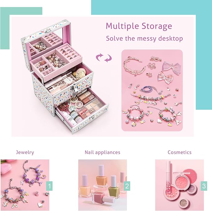 Hododou Girls Jewelry Box Organizer with Drawer & Mirror, Mermaid Tail Style Lockable Storage Case for Kid or Little Girls Je
