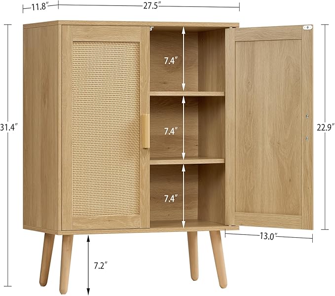 Iwell Storage Cabinet with 2 Shelves, Rattan Cabinet with 2 Doors, Sideboard Buffet Cabinets with Storage for Living Room, Di