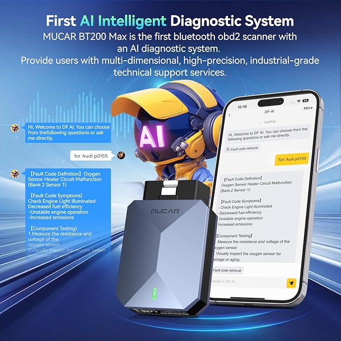MUCAR AI-Assisted OBD2 Scanner Bluetooth Lifetime Update, BT200 MAX Compatible with ELM327, All System OBD2 Diagnostic Tool