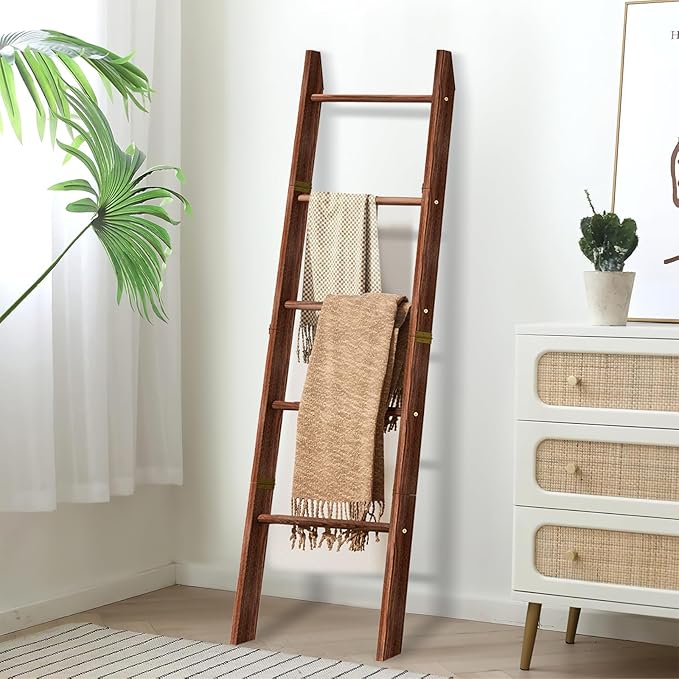 XLHOMO Blanket Ladder for Living Room, 5-Tier Wooden Ladder Shelf, Rustic Decorative Blanket Rack for Blankets, Quilts, Farmh