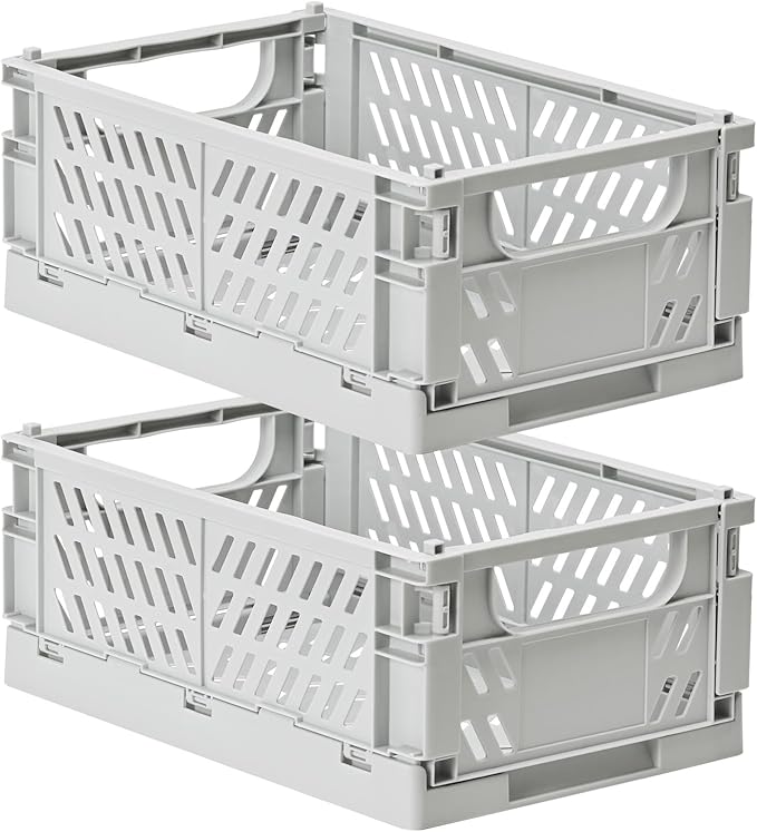 HUUSMOT 2-Pack Small Pastel Plastic Storage Baskets, Collapsible Crates for Organizing, Space-Saving Mini Bins for Classroom,