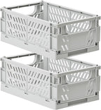 HUUSMOT 2-Pack Small Pastel Plastic Storage Baskets, Collapsible Crates for Organizing, Space-Saving Mini Bins for Classroom,