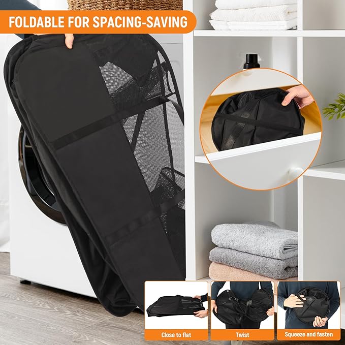 Collapsible Laundry Baskets with 3 Compartment, 150L Tear-proof Pop Up Hamper, Foldable Laundry Basket with Tote Handles, Dir