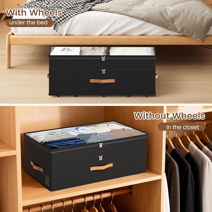 Under Bed Storage with Wheels, 2-Pack Underbed Storage Containers, No Assemble 11 inches 90L XXL Large Adjustable Storage Bin