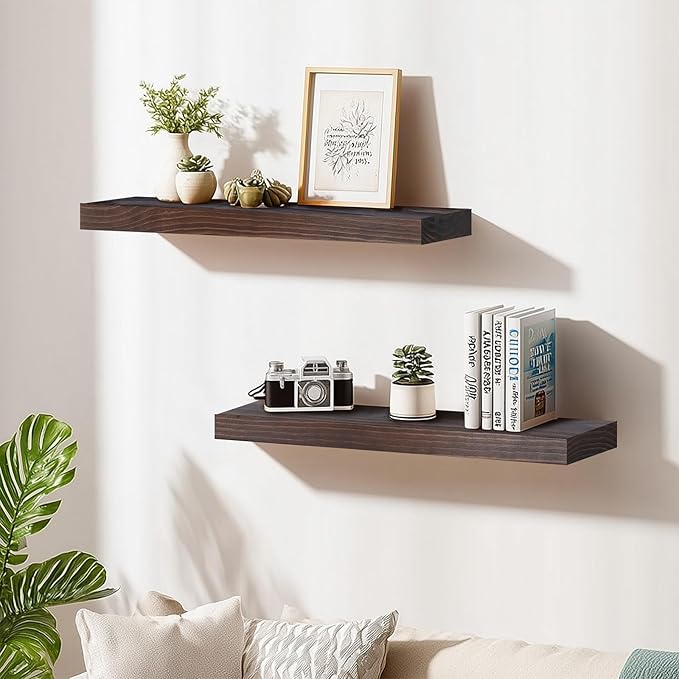 Floating Wall Shelves 30x6.8x1.7 Inch – Solid Wood Rustic Shelves in Walnut Finish – Wall Mounted Heavy Duty Display Shelf fo