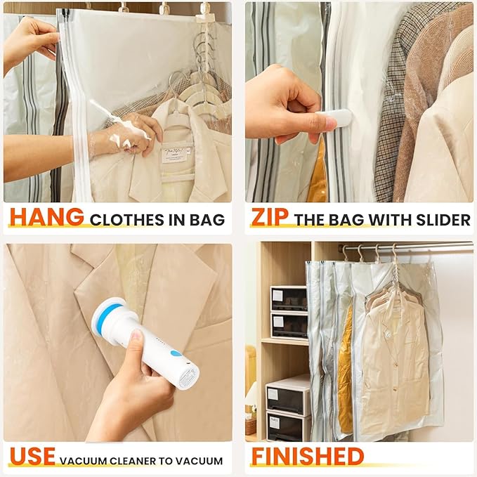 Hanging Vacuum Storage Bags – 4 Pack (2 Long, 2 Short) Hanging Vacuum Seal Bags for Clothing, Closet Organizer Space Saver fo