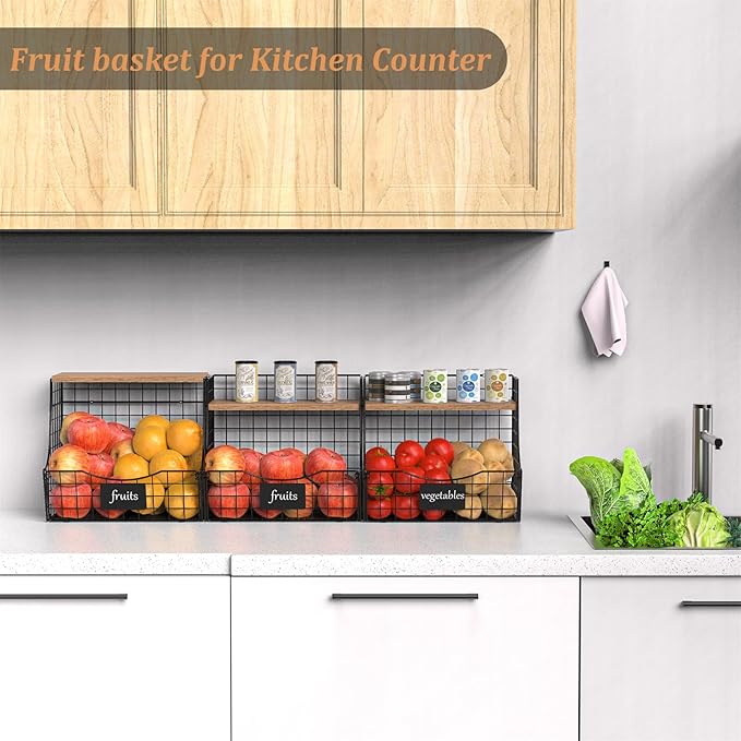 3 Pack wire Fruit Basket for Kitchen with Wood Lid - Counter&Wall Mounted Onion and Potato Storage with Nameplate, Hanging Ba