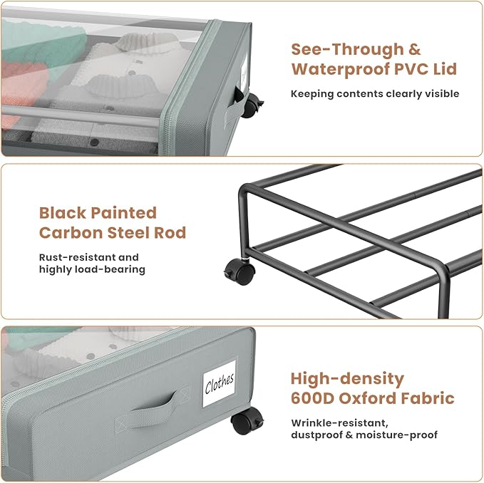 Under Bed Storage Containers with Clear Lid, Large Under Bed Storage with Wheels,6.22"H Under Bed Containers Rolling Under Be