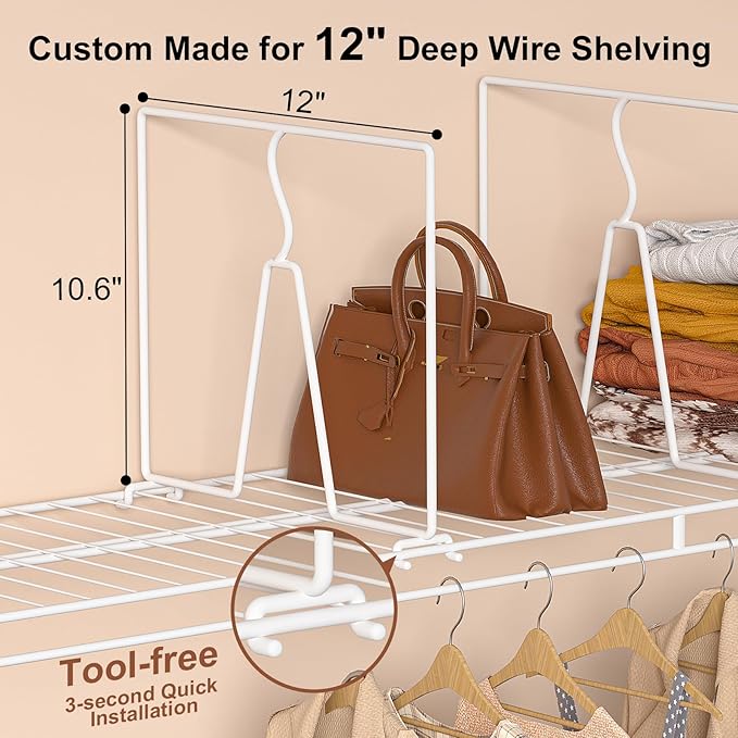 Wire Shelf Dividers for Closet: Tall 8 Pack 12-Inch Deep Adjustable Organizer for Shelves,Metal Rack Separator for Clothes, P