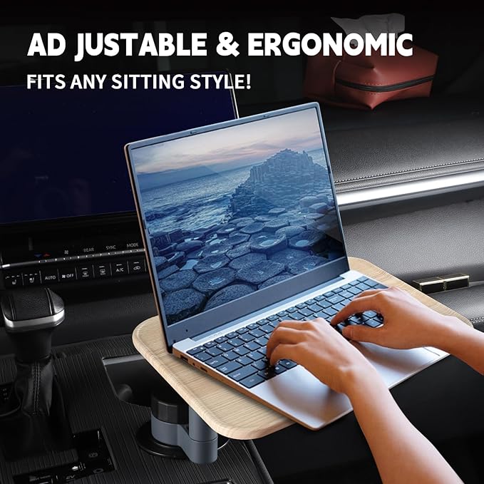 360° Rotating Wood Car Tray & Desk for Laptop - Steering Wheel Cup Holder Table, Car Accessories for Women & Men, Compatible with Tesla Model Y/3/S, Ford F150/Explorer/Maverick & Most Vehicles