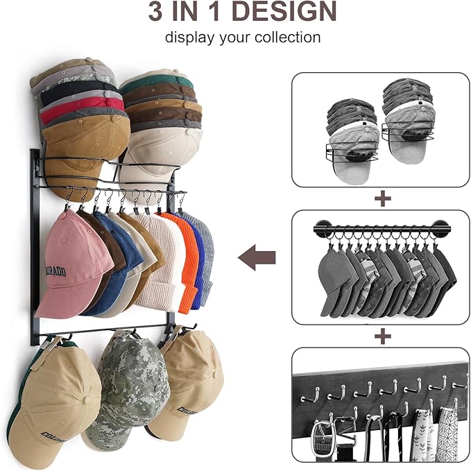 Hat Rack for 45 Baseball Caps with 10 Clips 3 Tier Hat Organizer for Wall Multi-functional Hat Hanger Metal Hat Holder at Clo