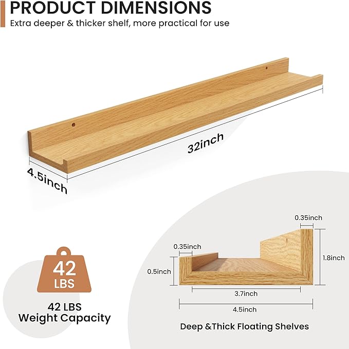 Fun Memories Picture Ledge Shelves Set of 2, 32 Inch Rustic Wall Mounted Floating Shelves with Lip for Home Storage and Décor