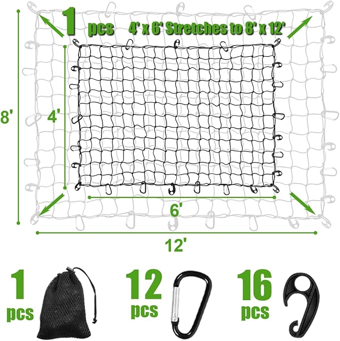 WSSROGY 4' x 6' Cargo Net Stretches to 6' x 12', Heavy Duty Cargo Netting for Pickup Truck Bed, Roof Rack Net with Hooks Carabiners