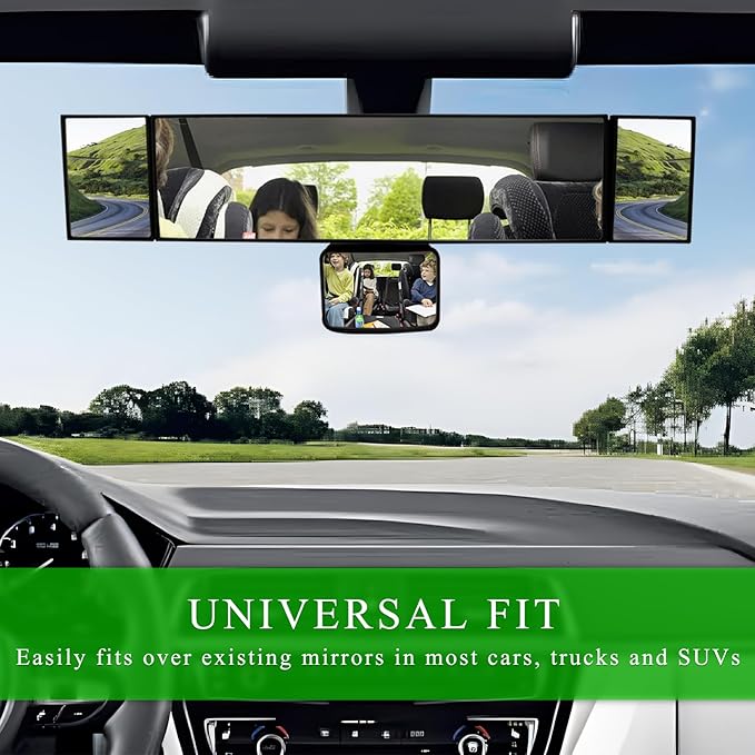 15" Rear View Mirror with Baby Mirror, Panoramic Anti-Glare Wide Angle Convex Rearview Mirror, Vehicle Interior Clip-on Rear View Baby Mirror Extender Reduce Blind Spot