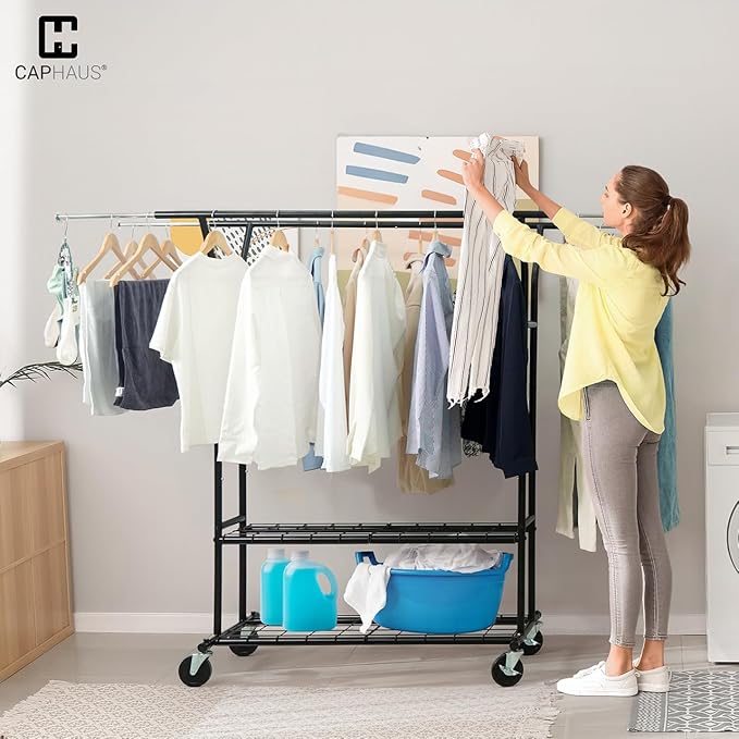 CAPHAUS 840LBS Capacity Heavy Duty Clothes Rack with Double Rods, Rolling Clothing Rack with 2 Shelves, Extendable Rods, Blac