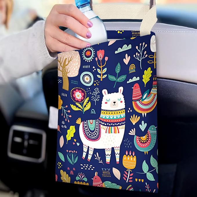 Car Trash Bag Hanging No Snap Small Garbage Bag for Car Back Seat Cute Printed One-handed Strap Trash Bags Car Accessories-Navy Alpaca Car Trash Bags