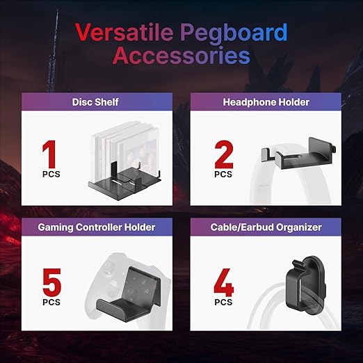 PEGZONE Controller and Headphone Holder Wall Mount, Modular Gaming Pegboard with Accessories, Controller Stand for Xbox PS5 P