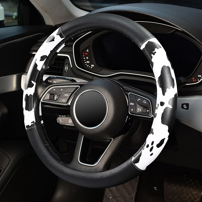 ZHOL Cow Print Steering Wheel Cover, Universal Fit 14.5-15 inch Premium Microfiber Leather Steering Wheel Protector for Cars/