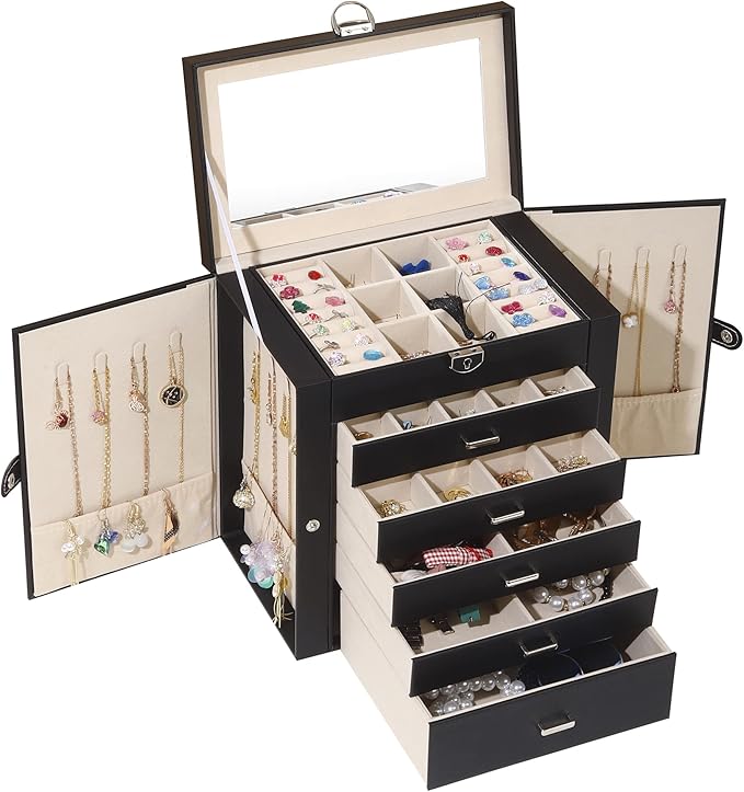 BOOVO Jewelry Box For women, 6 Layer Large Jewelry Organizer With Mirror, Multi-Function Storage Box With Lock, Accessory Hol