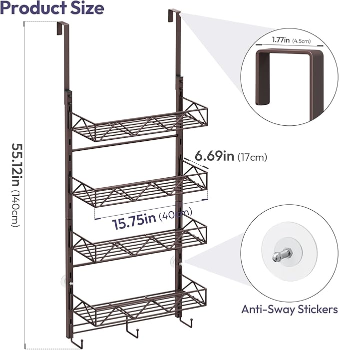 SWTYMIKI Over Door Hat Organizer - 5 Tier Wall Mounted Hat Rack with 4 Adjustable Metal Basket and 3 Hooks, Hanging Baseball 