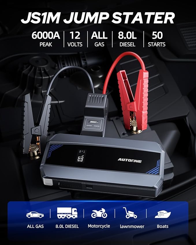 AUTOONE Car Jump Starter 6000A Battery Booster, Portable Battery Pack for All Gas 10L Diesel, 12V Jump Box with Smart Jumper