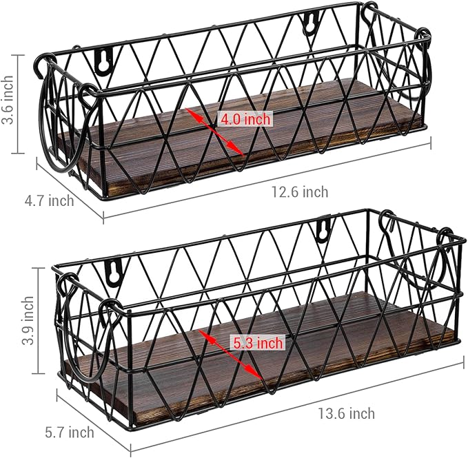 MyGift 2 Piece Wall Mounted Black Geometric Metal Nesting Storage Basket with Rustic Solid Burnt Wood Base, Small Tabletop De