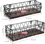 MyGift 2 Piece Wall Mounted Black Geometric Metal Nesting Storage Basket with Rustic Solid Burnt Wood Base, Small Tabletop De