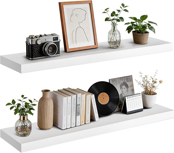 Floating Wall Shelf 36x6.8x1.7 Inch – Solid Wood Shelf in White Finish – Heavy Duty Wall Mounted Rustic Display Shelf for Liv