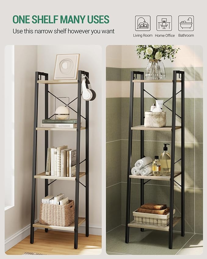 Hzuaneri Ladder Shelf, Bookshelf Bookcase, Freestanding Corner Storage Shelve with 2 Hooks for Home Office, Living Room, Kitc