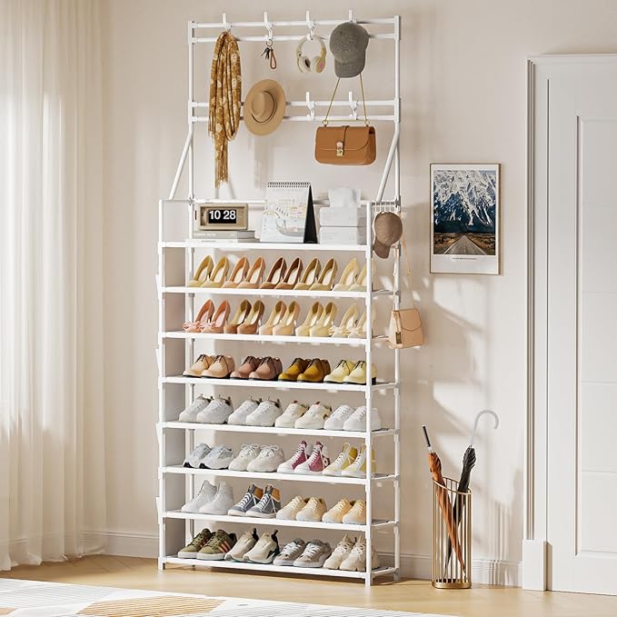 OYREL Shoe Rack 8 Tier Large Shoe Organizer Storage 32-40 Pairs Metal Shoe Storage Rack with Hooks and Side Pocket for Entran