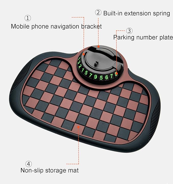 Multifunctional Car Dashboard Anti-Slip Mat with Phone Holder and Parking Number Display, Heat Resistant PVC Non-Slip Pad for