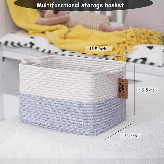 COMFY-HOMI 3PACK Cotton Rope Square Baske with Handles for Shelves|Dog Toy Baske Bin and Storage|Baby Baske for Gift|Shoe Bas