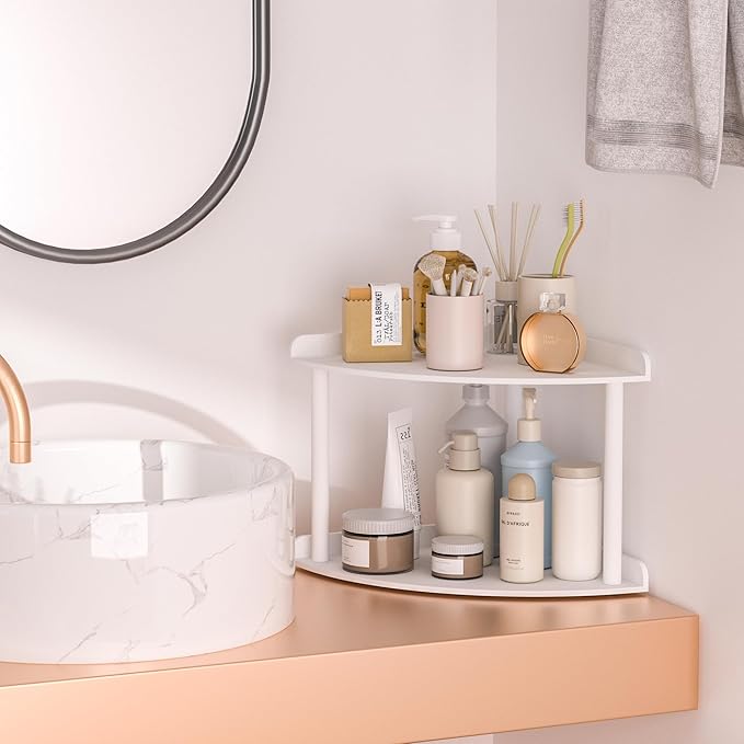 Sezanrpt 2 Tier Acrylic Corner Shelf Organizer Storage 9.5x9.5x8 Inch, White Countertop Corner Shelf for Bathroom, Kitchen, B