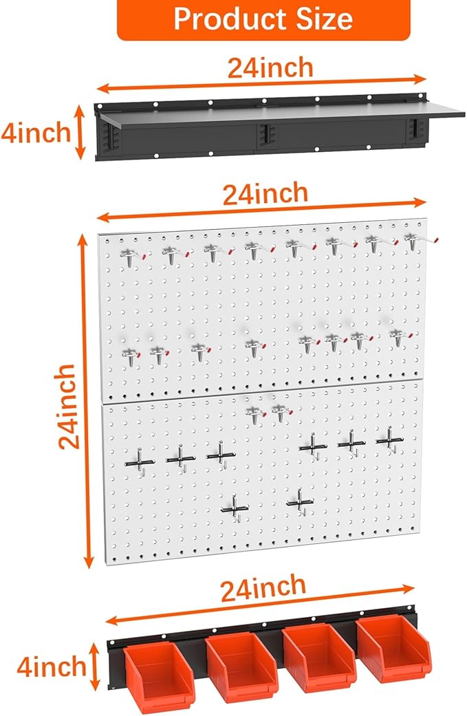 TORACK Metal Pegboard with Accessoreis for Garage Wall, Tool Organizer Pegboard with Hooks, Wall Mounted Bins/Shelf, Tool Sto