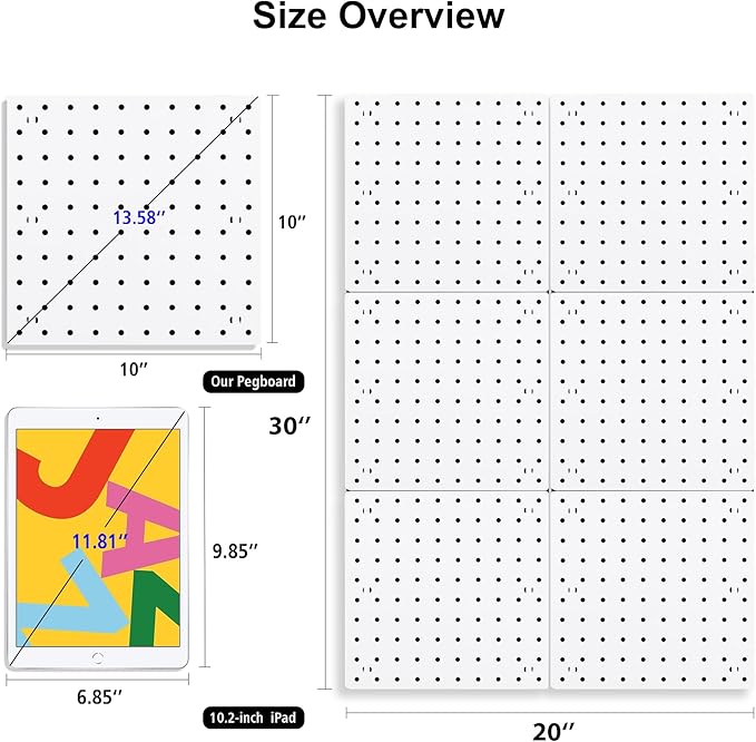 6Pcs Peg Board, Pegboard Wall Organizer Panels, White Pegboard Wall Mount, ABS Pegboard for Craft Room Garage Kitchen Worksho