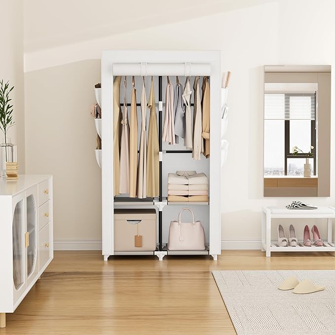 VTRIN Portable Closet Wardrobe Closet for Hanging Clothes with 4 Storage Shelves, 2 Hanging Rods and 6 Pockets, Stable and Ea