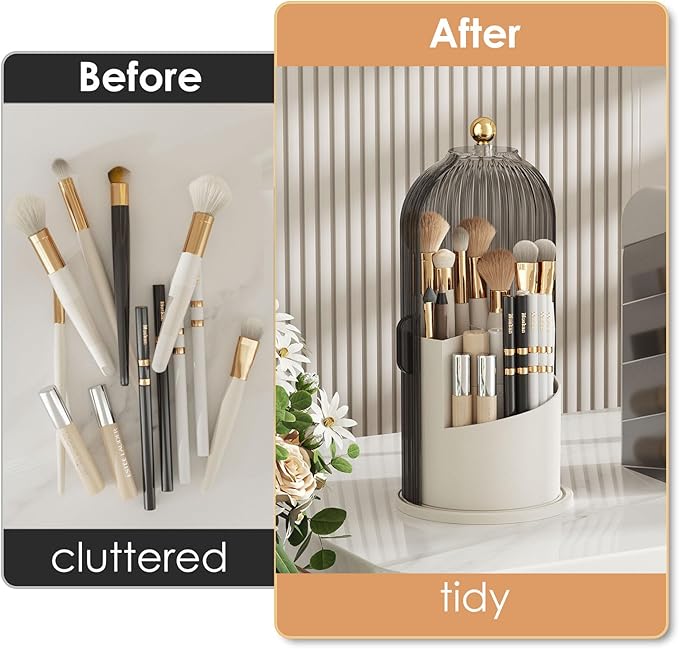 YOOLENS Makeup Brush Holder with Lid 360 Rotating Clear Dustproof Make Up Organizers for Vanity Bathroom Countertop, Gray