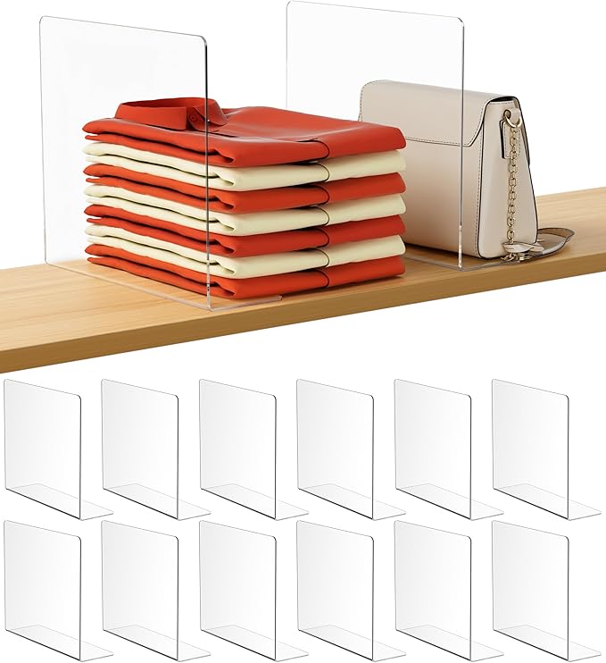 HBlife Acrylic Shelf Dividers for Closet Organization, 12 Pack Clear Sturdy Separate Closet Dividers for Shelves, Adjustable 