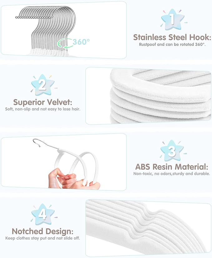 VIS'V Baby Hangers, 11 Inch Velvet Kids Hangers with 6 Pcs Clothes Size Dividers, Infant Toddler Nursery Closet Organization,