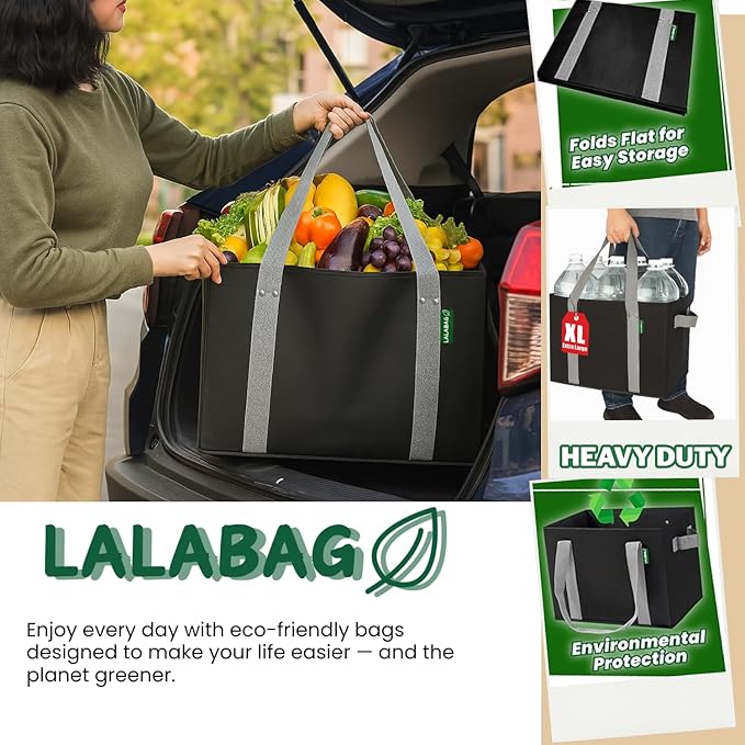 Reusable Grocery Bags (3 Pack ) - Heavy Duty Eco Tote Bags with Box Shape to Stand Up, Hold Up to 65 Lbs - Stay Open & Fold Flat - Foldable Reusable Shopping Bags with Long Handles & Hard Bottom