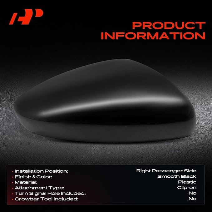 A-Premium Passenger Side Rearview Mirror Cover Cap - Compatible with Honda Accord 2018 2019 2020 2021 2022 - Smooth Black, Without Turn Signal Hole