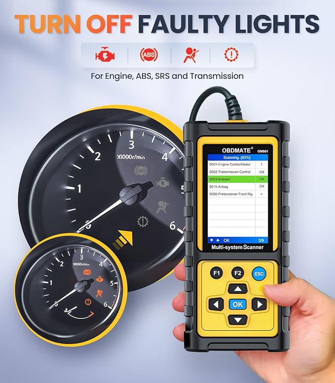 OBD2 Scanner with ABS SRS Transmission, Reset Fault Lights | Check Engine Code Reader with Full OBDII Functions | DLC Pin