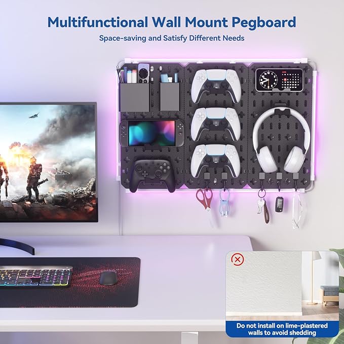 KDD 9 in 1 RGB Gaming Wall Organizer Peg Board - DIY Pegboard Combination Kit with Phone Stand/Pen Holder/Storage Box/Headset