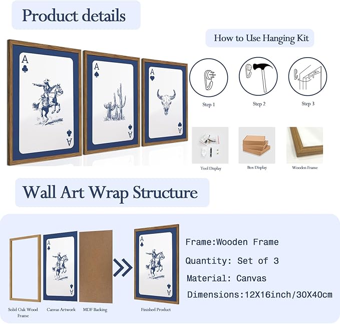 Western Wall Art Set of 3, Blue Cowboy Wall Decor Trendy Southwestern Playing Card Longhorn Bull Skull Poster Canvas Aestheti