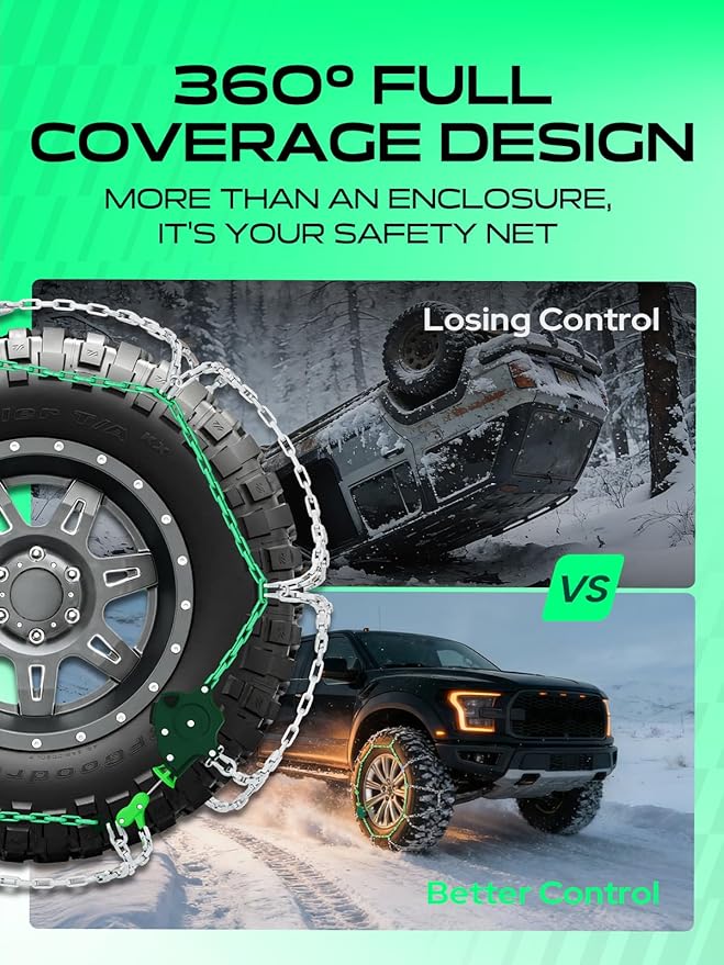 YHTAUTO Set of 2 Snow Chains 16mm for Pickup Truck SUV Passenger Car Universal Fit Tire Chains Auto-Tightening Quick Installa