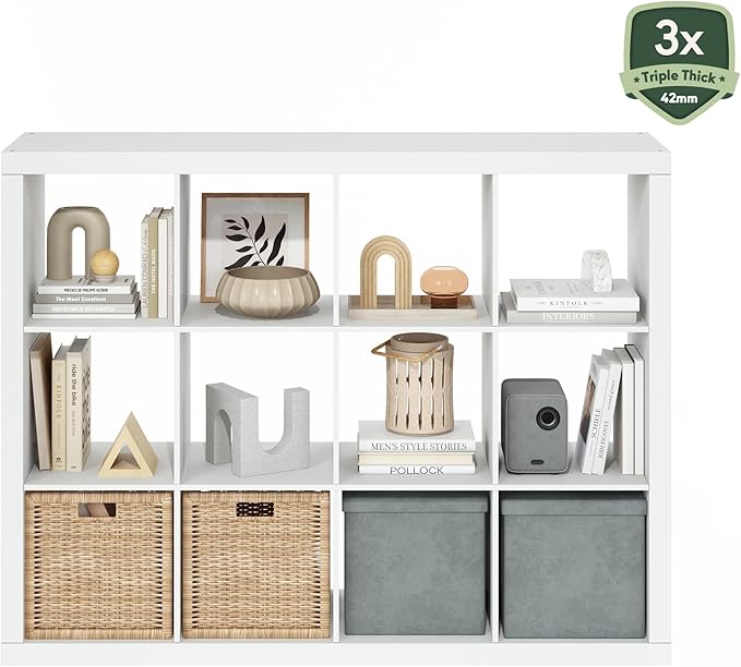 Furinno Cubicle Book Shelf, 12-Cube Bookshelf, Triple Thick Frame Cube Storage Organizer, 1.65" Thick Bookcase, 15.4" x 57.4"